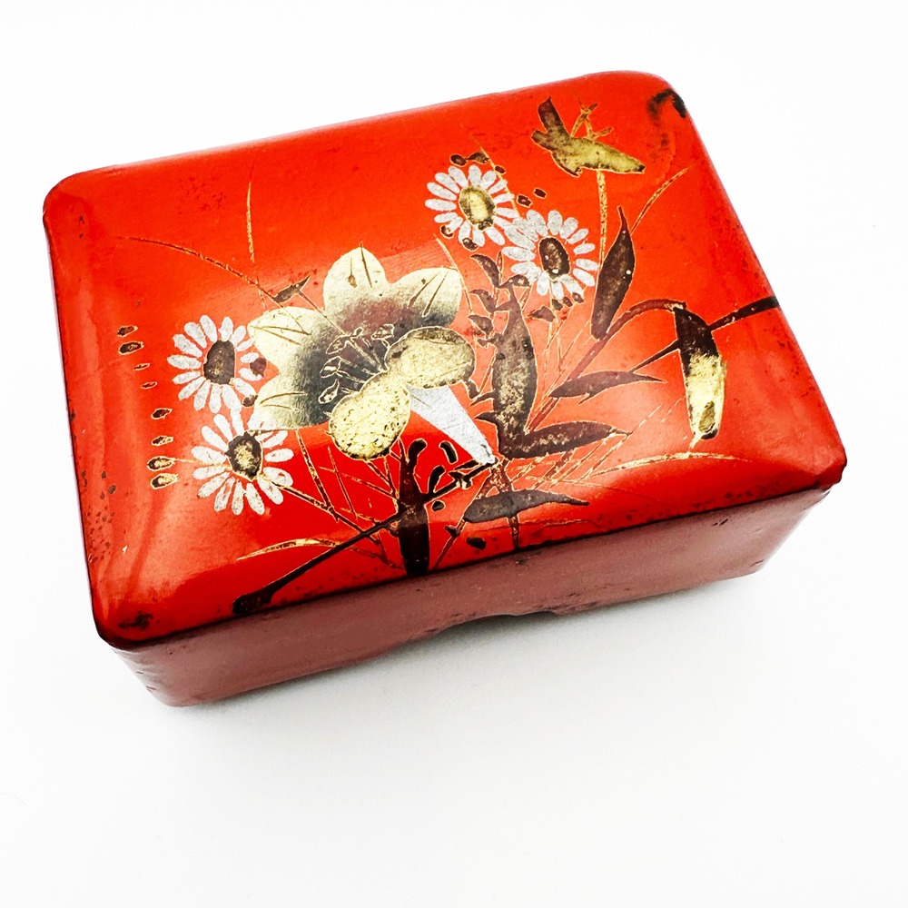 Vintage Red Lacquer Trinket Box Floral Bird Oriental Design Gift Box Jewelry